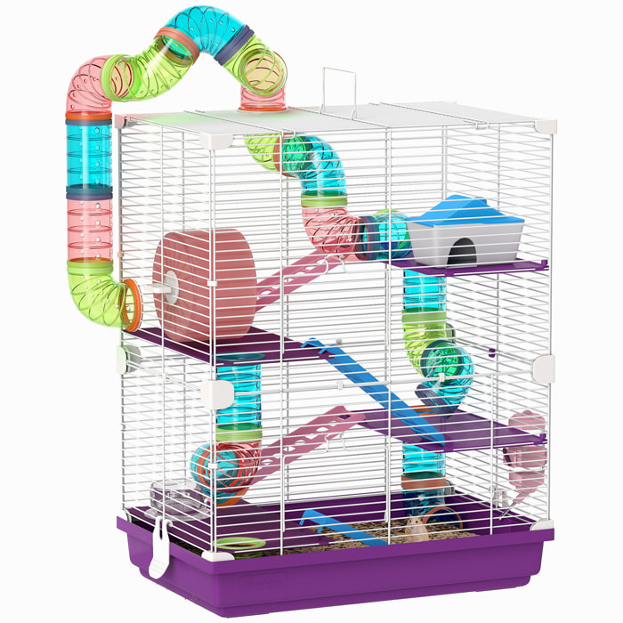 Cage pour hamster souris rongeur 4 étages avec tunnels mangeoire roue maison échelles dim. 46L x 30l x 58H cm violet