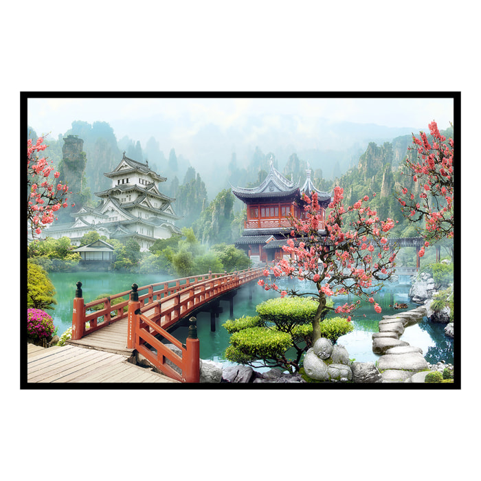 Affiche encadrée jardin japonais pagode Affiche + cadre en métal - Noir