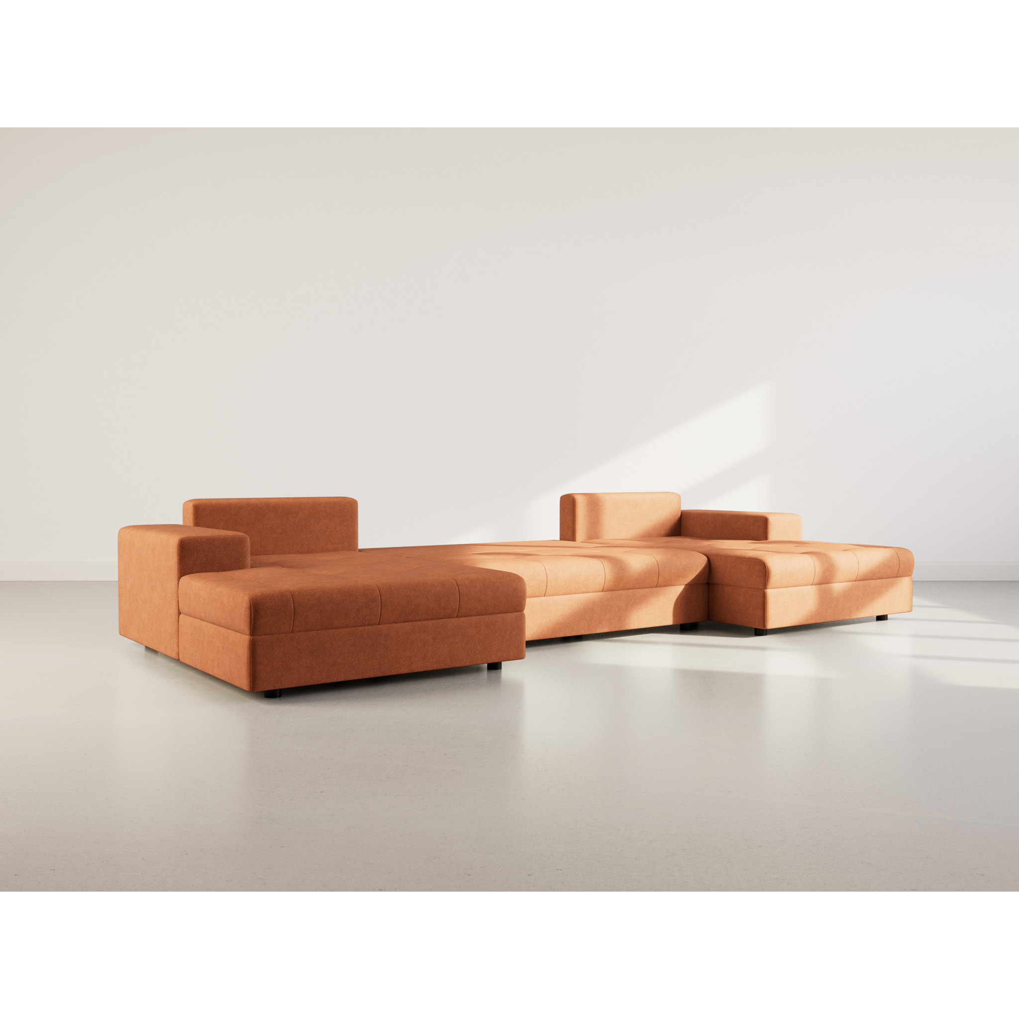 Bastian - canapé panoramique en U 7 places convertible avec coffre en velours texturé - Terracotta