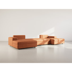 Bastian - canapé panoramique en U 7 places convertible avec coffre en velours texturé - Terracotta