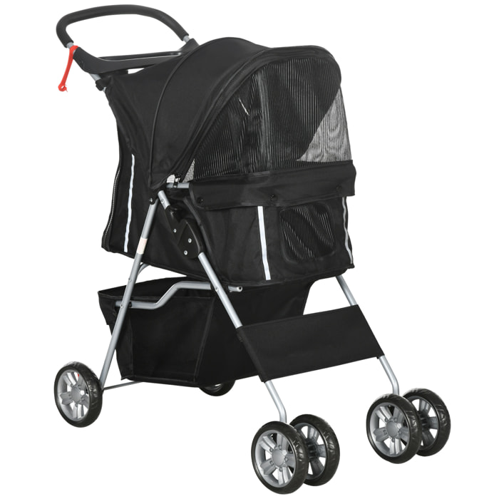 Carrito para Perros Plegable Cochecito para Mascotas Carrito para Perros Pequeños con Toldo Ajustable Cesta de Almacenaje Ventanas de Malla Portavasos y Ruedas 75x45x97 cm Negro