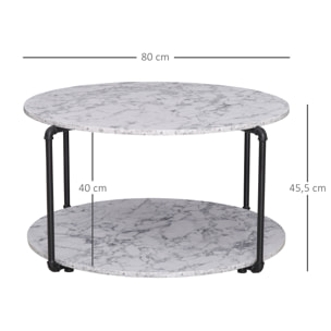 Table basse ronde avec étagère dim. Ø 80 x 45H cm panneaux particules imitation marbre blanc métal noir