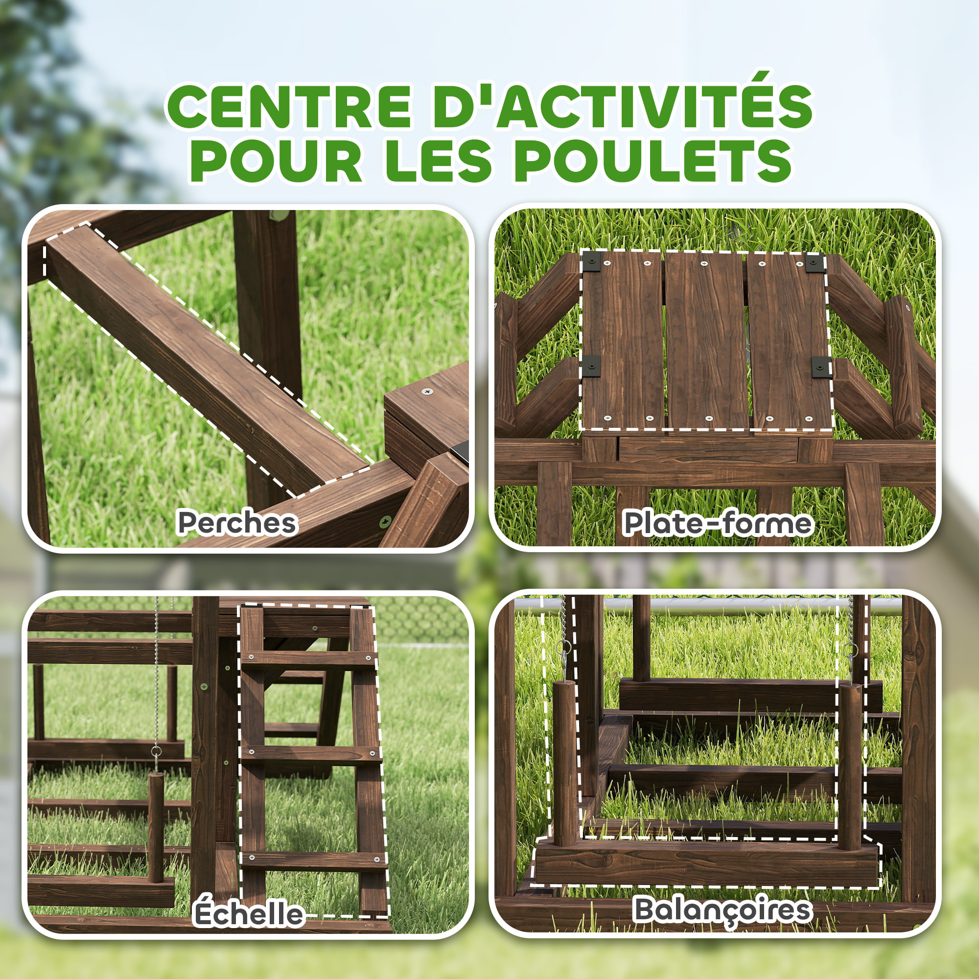 Balançoire - perchoir pour poule, échelles - aire de jeu chicken activity - dim. 82 x 60 x 75 cm - bois cèdre verni