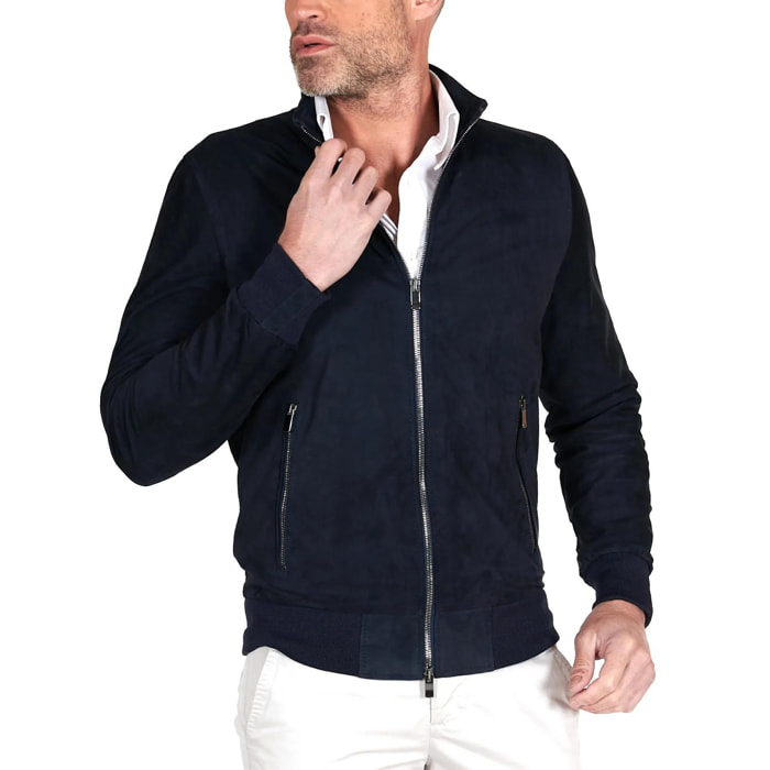 Giubbotto bomber in pelle scamosciata blu collo coreana