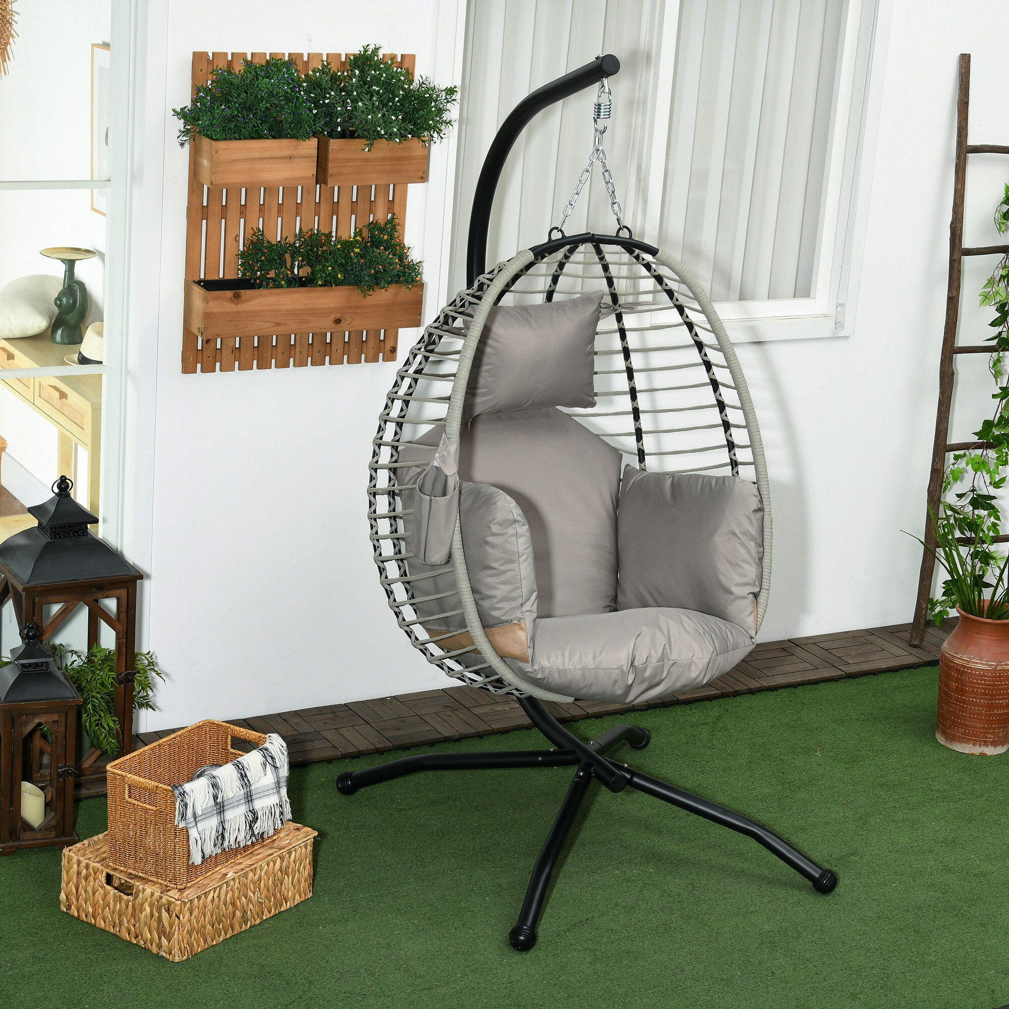 Silla Colgante Huevo con Soporte Columpio de Jardín Exterior con Cesta Plegable Cojín y Reposacabezas Columpio Colgante para Interior y Exterior Carga 120 kg Gris y Negro