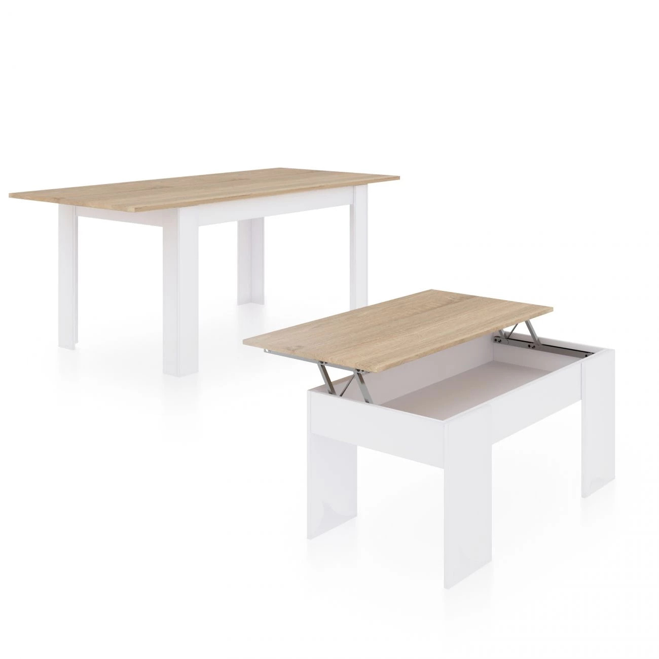 Pack mesa de comedor 123 y mesa de centro Vita Blanco Artik (Blanco Mate) - Roble Canadian