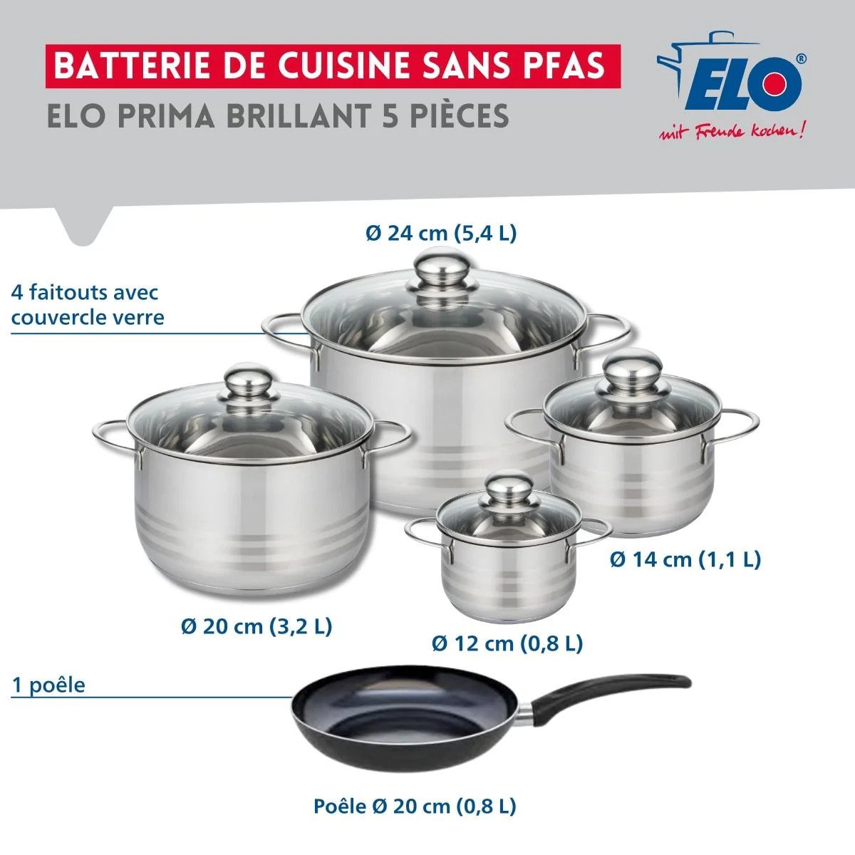 Ensemble de 1 Poêle de cuisson 20 cm et 4 faitouts 12, 14, 20 et 24 cm Elo Prima Brillant