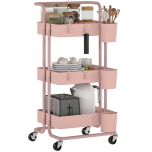 Carrito Auxiliar con Ruedas de 3 Niveles Carrito de Cocina con Mango 3 Cestas de Malla y 3 Cajas Colgantes Carro de Almacenamiento para Baño Salón 42x38x86,5 cm Rosa