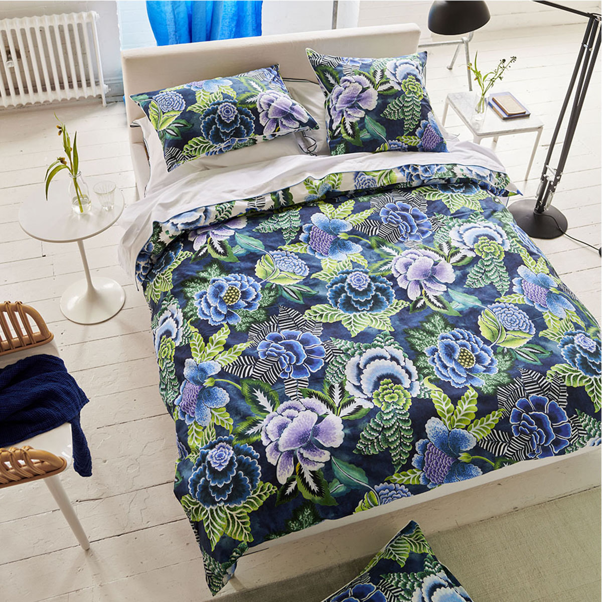 Taie d'oreiller imprimée en percale de coton, ROSE DE DAMAS, Bleu indigo