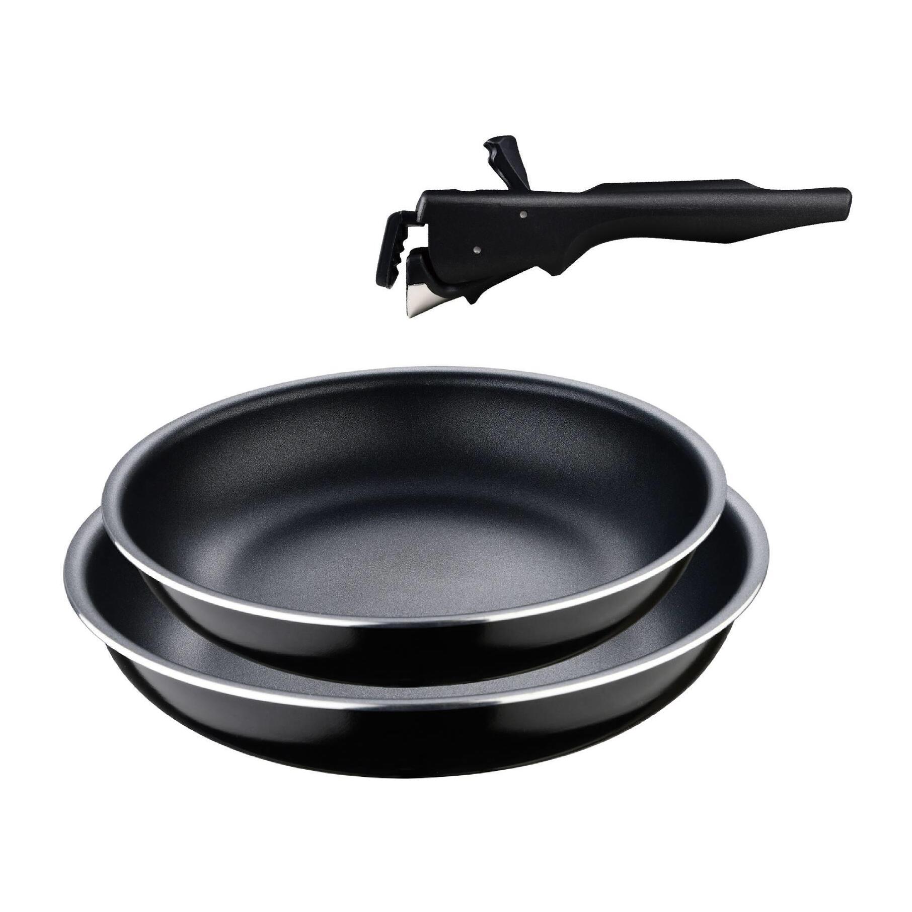 juego de 2 sartenes ø22cm y ø26cm + mango ergonómico extraíble en aluminio prensado
