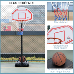 Panier de Basket-Ball sur pied avec poteau panneau - base de lestage sur roulettes - hauteur réglable 5 niveaux 2,45-2,95 m - acier HDPE noir blanc