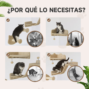 Juego de Estanterías para Gatos de 4 Piezas Rascador de Pared para Gatos con 2 Postes de Sisal Plataforma Doble con Escalera Suave y 1 Plataforma para Saltar Beige