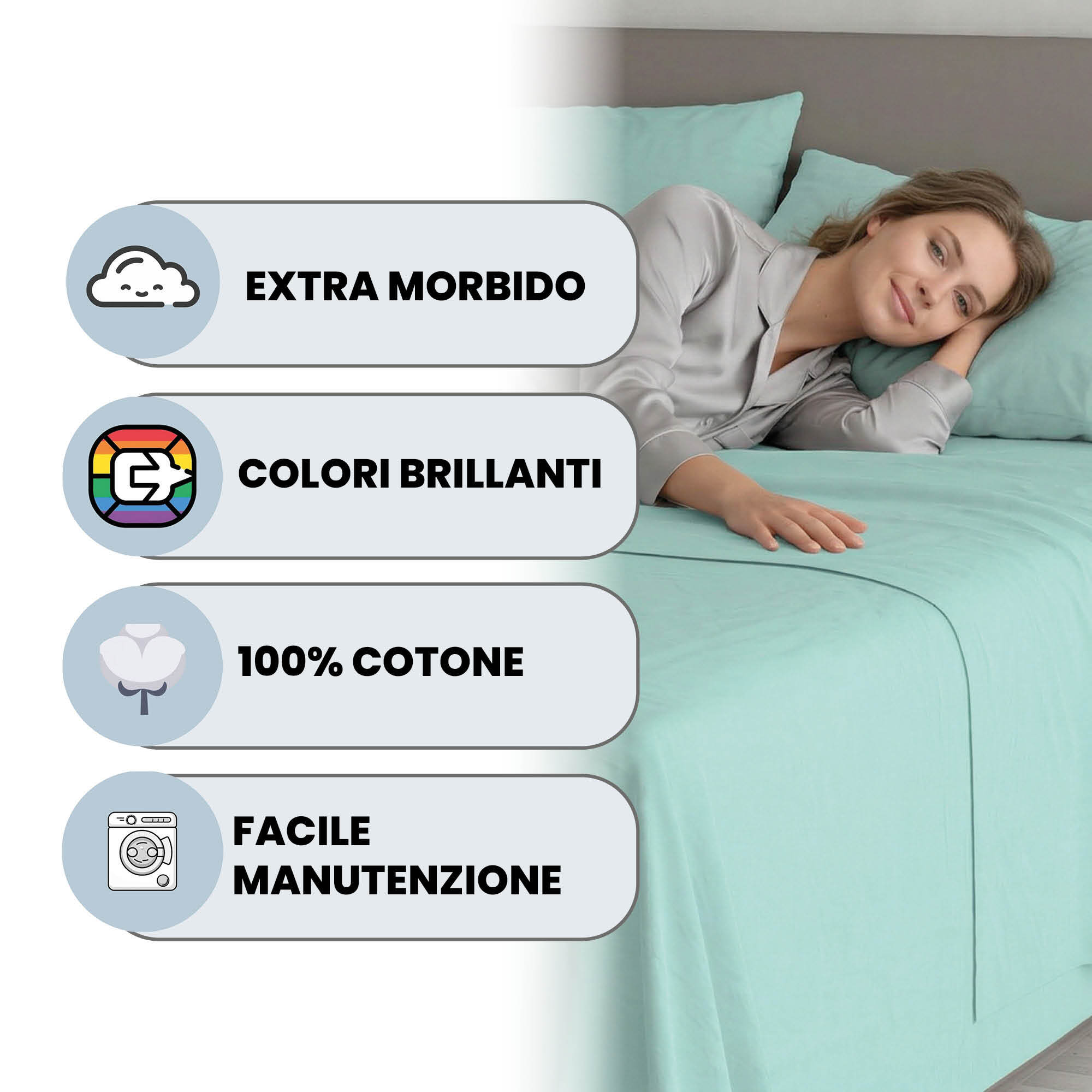 COMPLETO LETTO MAX COLOR, 100% Cotone, Made in Italy - ACQUA