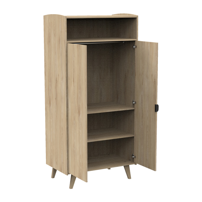 Armoire 2 portes et une niche avec étagères et penderie - poignées métal décor bois hêtre charme