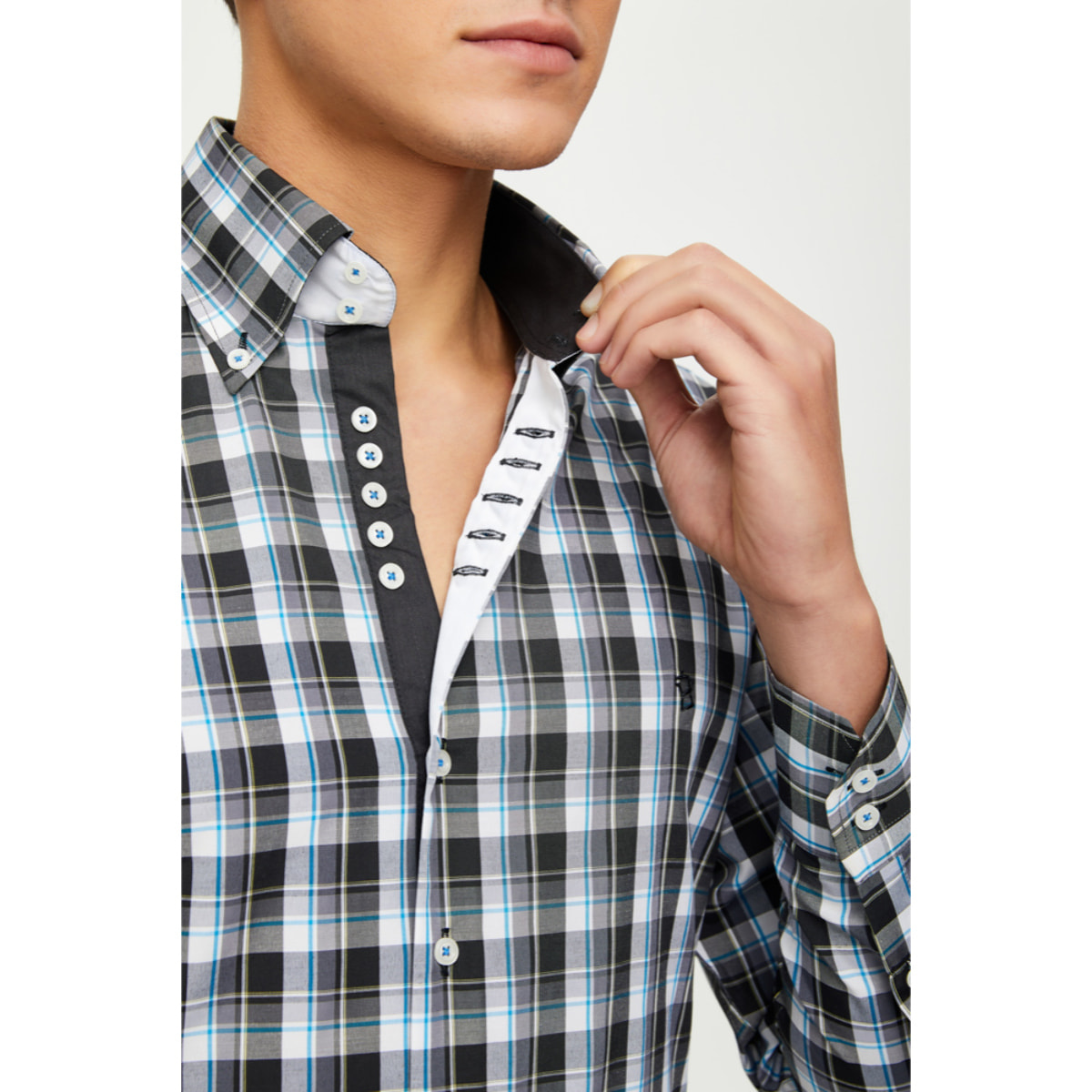 Camicia Uomo 2 Bottoni Button Down 7 Bottoni Slim Cotone Poliestere Quadro Grande Nero/Bianco