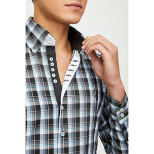 Camicia Uomo 2 Bottoni Button Down 7 Bottoni Slim Cotone Poliestere Quadro Grande Nero/Bianco