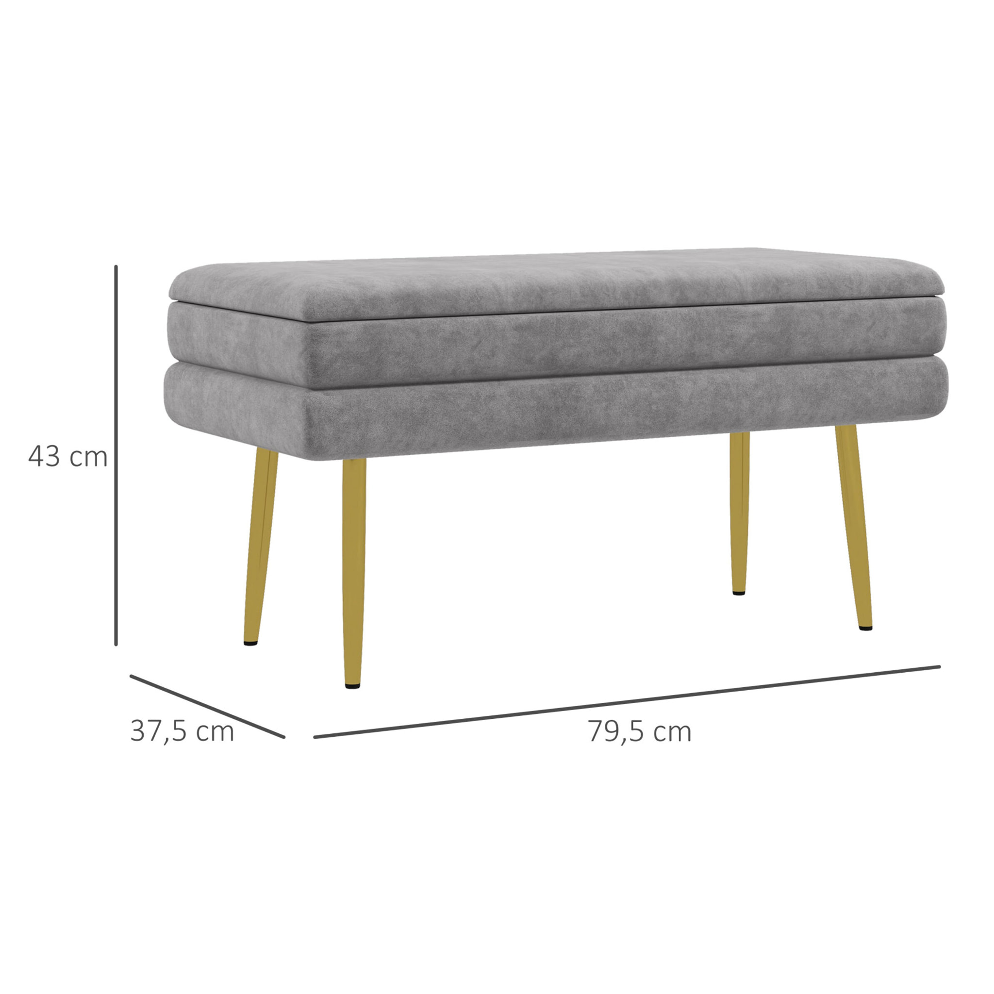 Banquette coffre de rangement 2 en 1 piètement effilé incliné acier doré velours gris clair