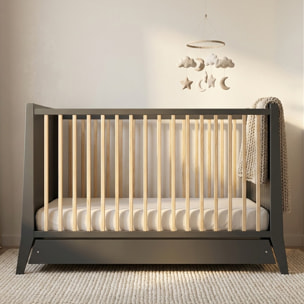 Lit Evolutif Timéo à barreaux 60 x 120 cm, Gris & Bois, En Bois, 3 Hauteurs, Tiroir intégré, Barreaux amovibles