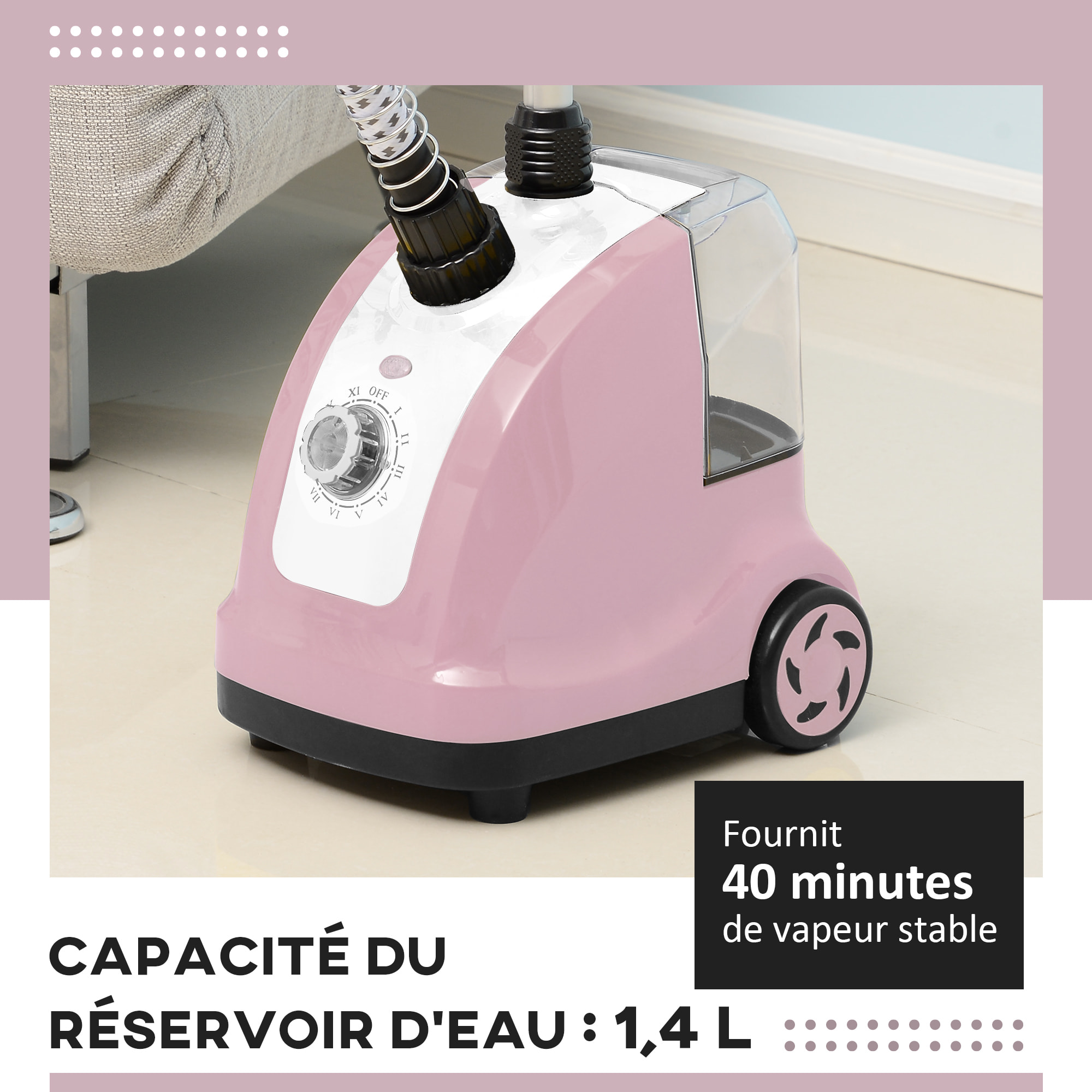 Défroisseur vapeur vertical défroisseur à vêtements 1,4L 1950W débit vapeur 32g/min tige telescopique rose noir