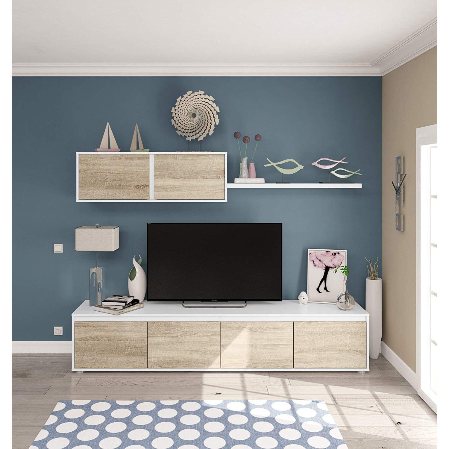 Parete Attrezzata Da Soggiorno Mobile TV 4 ante Pensile Con Pistoni A Gas E Mensola Sospesa Design Moderno Salvaspazio 200 Cm Bianco Lucido E Rovere