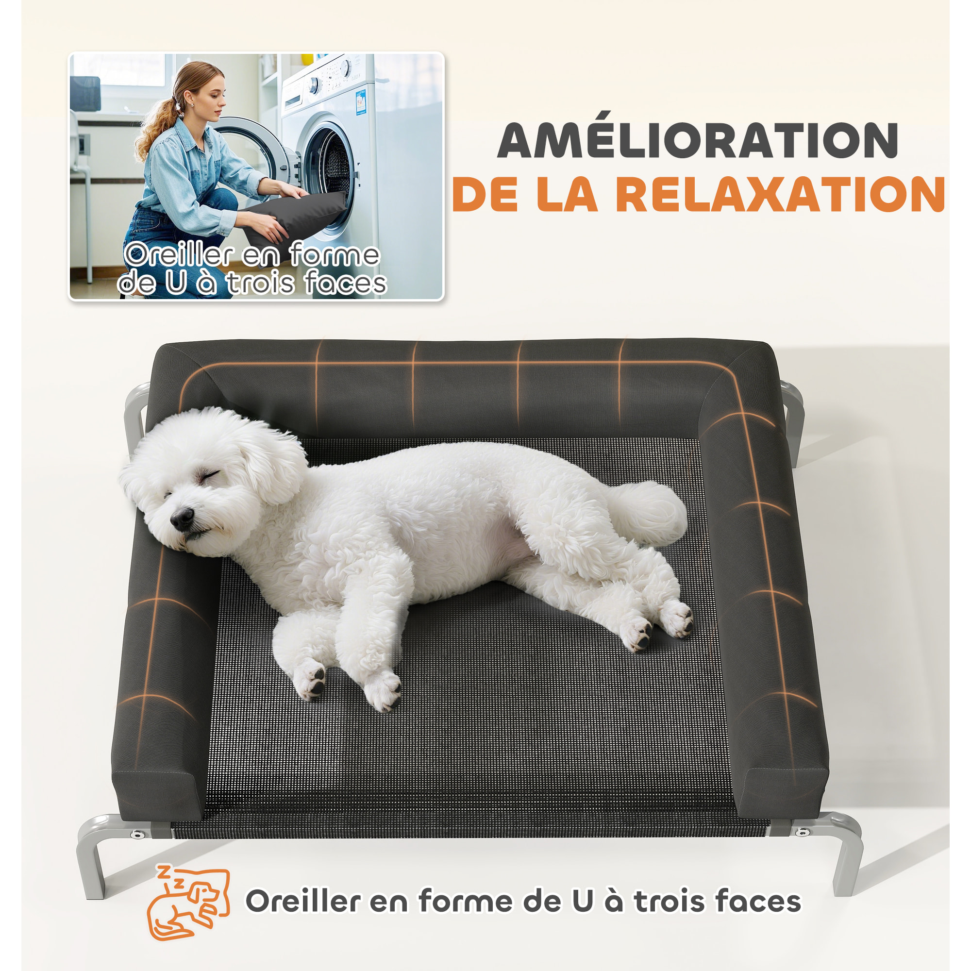 Transat pour animaux - lit pour chien - lit à pieds pour chien avec contour coussin dim. 90 x 65 x 30 cm - noir