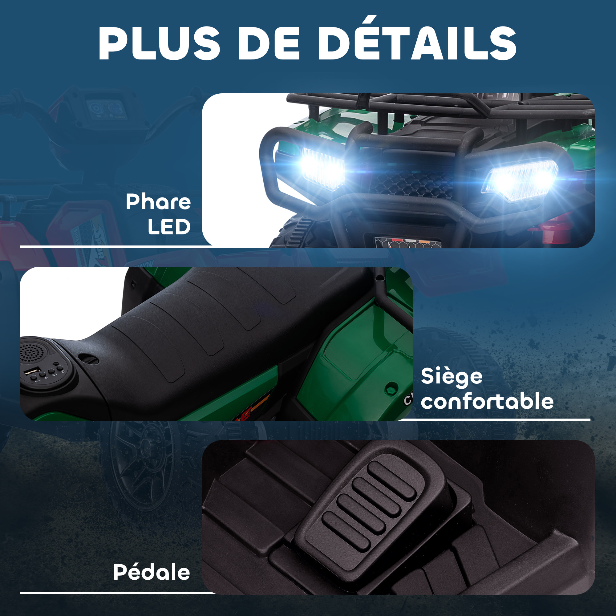 Quad électrique enfant 12V 2 moteurs vitesse 2-4Km/h effets lumineux sonores vert