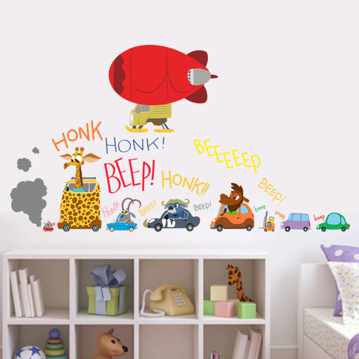 Stickers Muraux décoration adhésifs embouteillage et dirigeable avec animaux rigolos