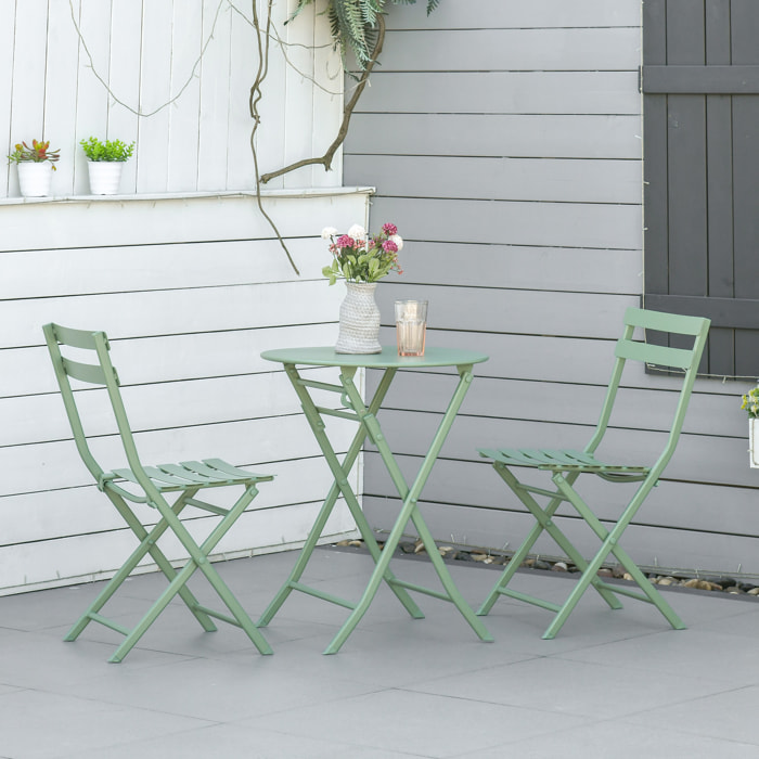 Salon de jardin bistro pliable - table ronde Ø 60 cm avec 2 chaises pliantes - métal thermolaqué vert d'eau