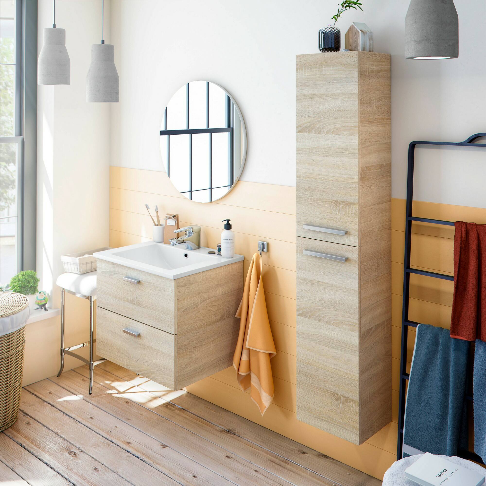 Mobile sottolavabo Doksuri, Mobiletto da bagno, Contenitore porta lavabo, Armadio per lavandino, 60x45 h50 cm, Rovere
