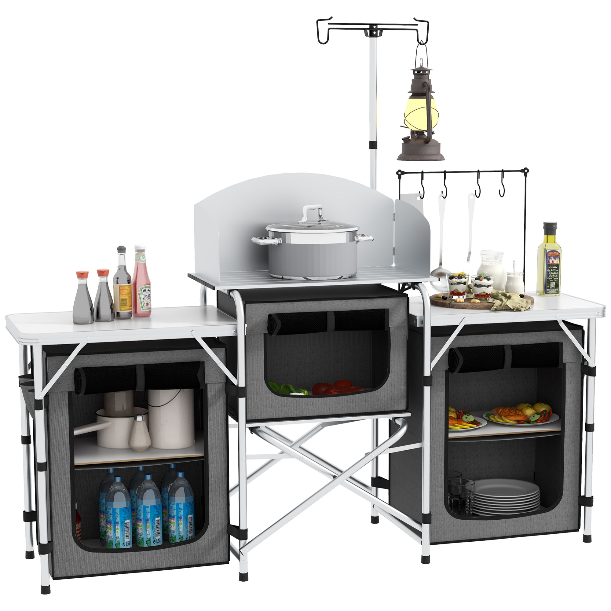 Mueble Cocina Camping Armario Camping Plegable con Mesas Armarios Ganchos Estructura de Aluminio Poste de Luz Ajustable Paravientos y Bolsa de Transporte para Acampada 172x48x130 cm Gris