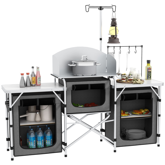 Mueble Cocina Camping Armario Camping Plegable con Mesas Armarios Ganchos Estructura de Aluminio Poste de Luz Ajustable Paravientos y Bolsa de Transporte para Acampada 172x48x130 cm Gris