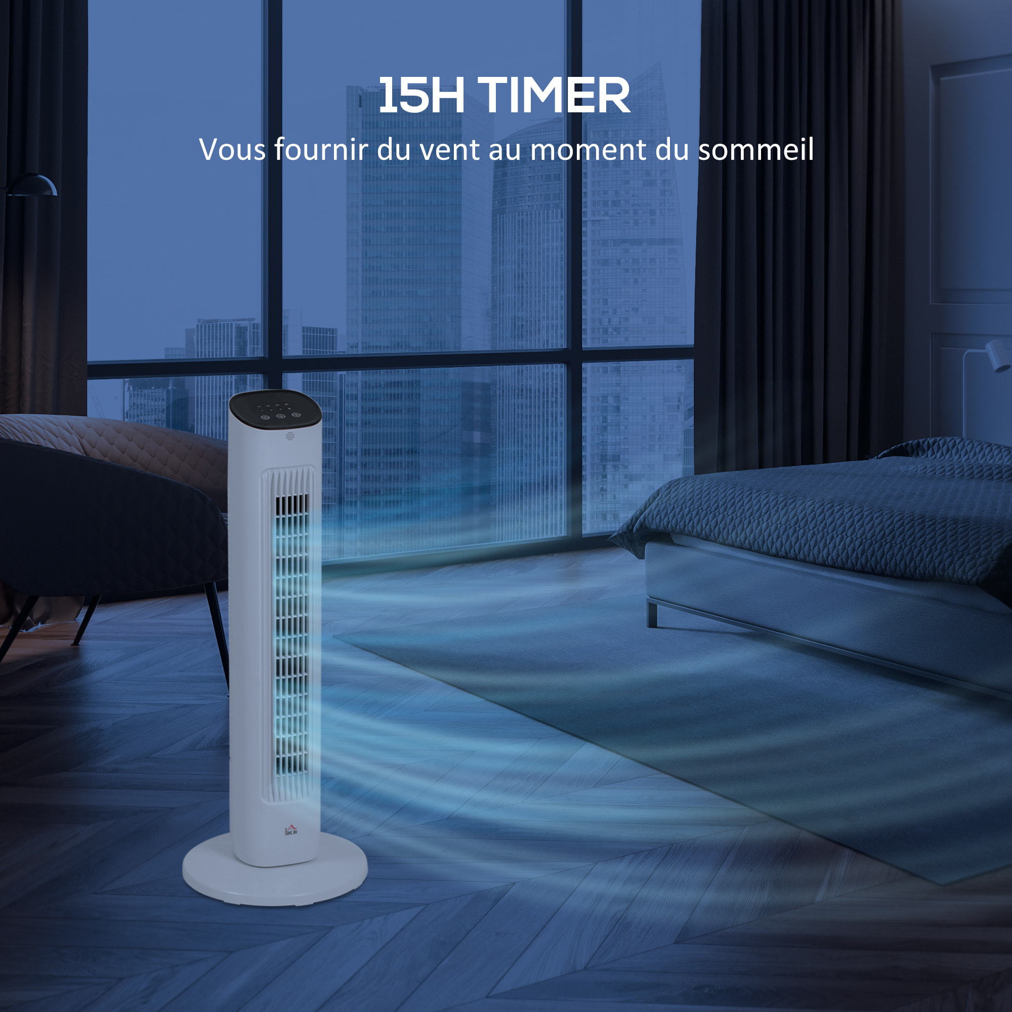 Ventilateur colonne oscillant 50W avec télécommande - 3 vitesses, timer, affichage LED - blanc