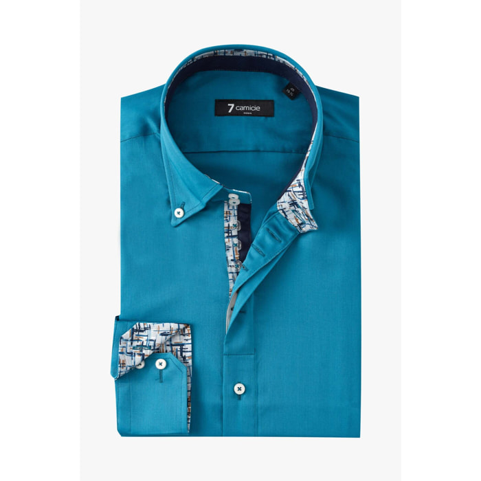 Camicia Uomo 2 Bottoni Button Down Slim Satin Unito Verde Ottanio