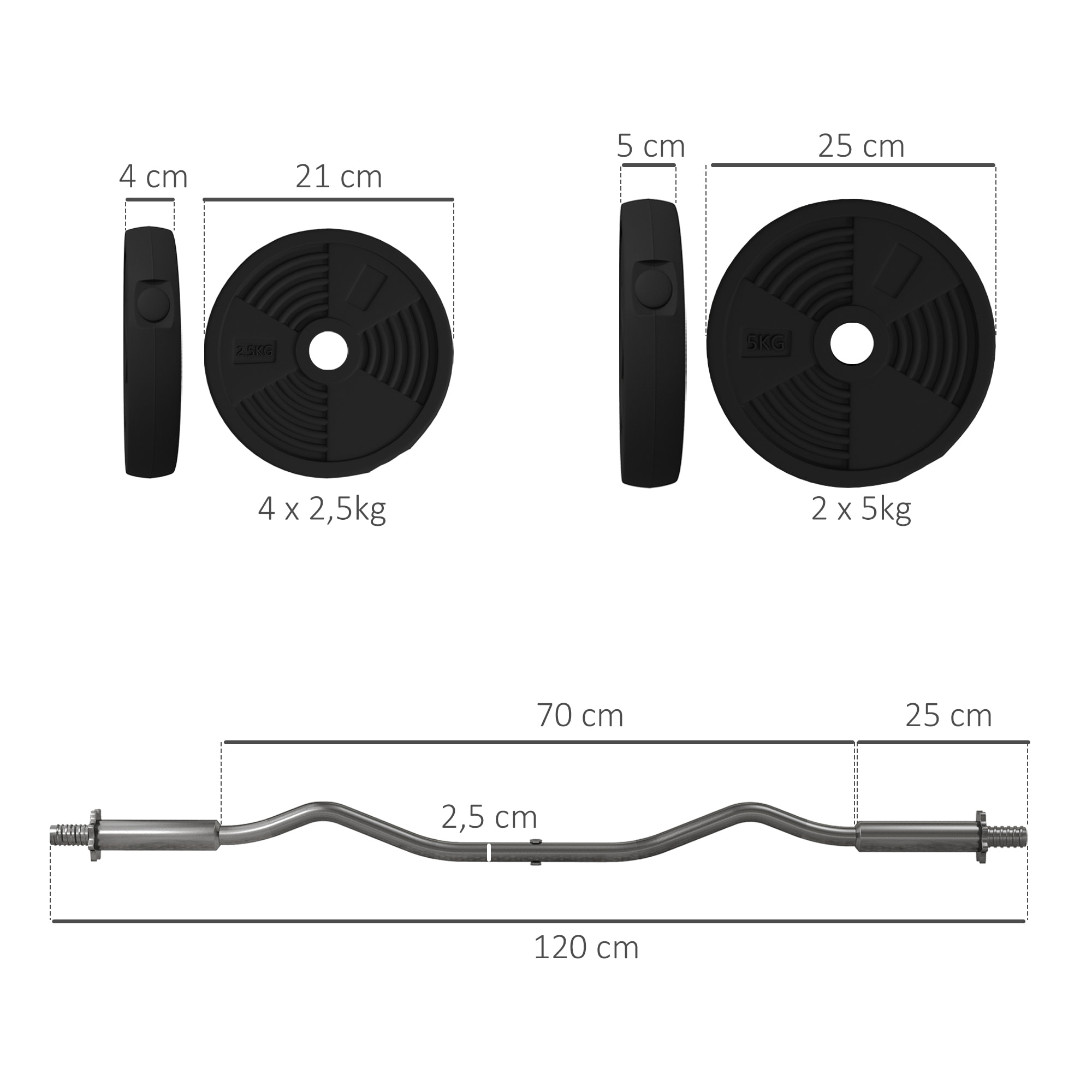 Ensemble d'haltères 25 kg total, barre d'haltère avec disques de poids 5 kg et 2,5 kg, barre longue, avec poignée antidérapante, exercices de fitness entraînement à la maison et gym, noir