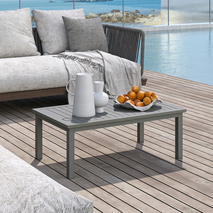 Table basse rectangulaire de jardin plateau lattes 100 x 60 x 37 cm alu effet bois gris