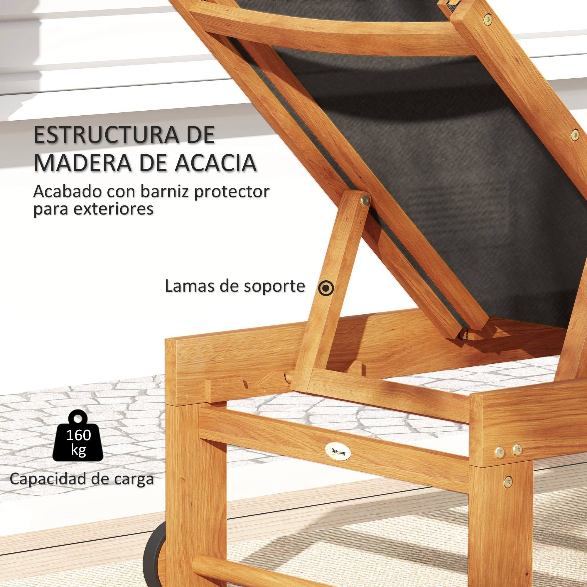 Tumbona de Madera de Acacia con Respaldo Ajustable en 4 Niveles Tumbona de Jardín Exterior con Ruedas Carga 160 kg Tumbona para Patio Terraza Balcón Teca y Negro