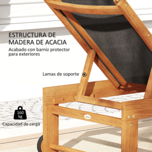 Tumbona de Madera de Acacia con Respaldo Ajustable en 4 Niveles Tumbona de Jardín Exterior con Ruedas Carga 160 kg Tumbona para Patio Terraza Balcón Teca y Negro