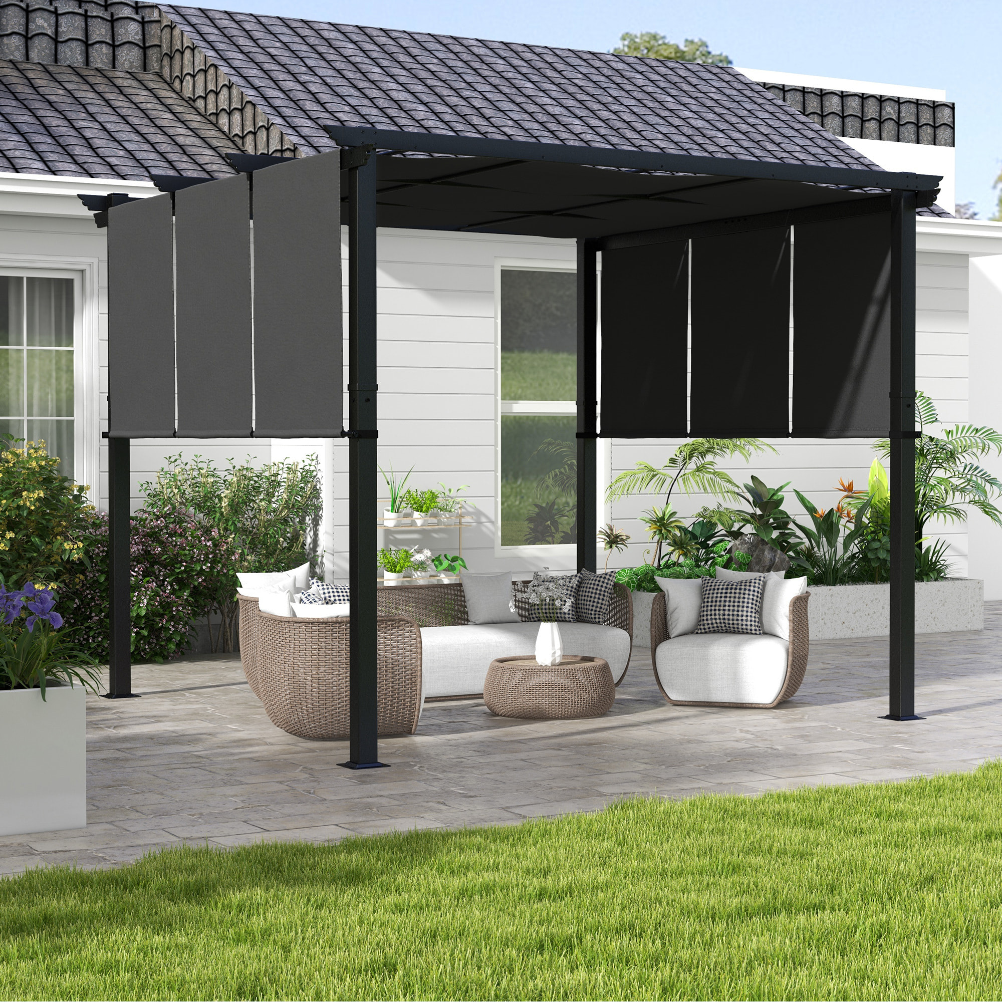 Outsunny Pérgola de Jardín 3x3 m Cenador para Exterior con Techo Retráctil Marco de Acero Impermeable y Anti-UV para Terraza Patio Gris Oscuro