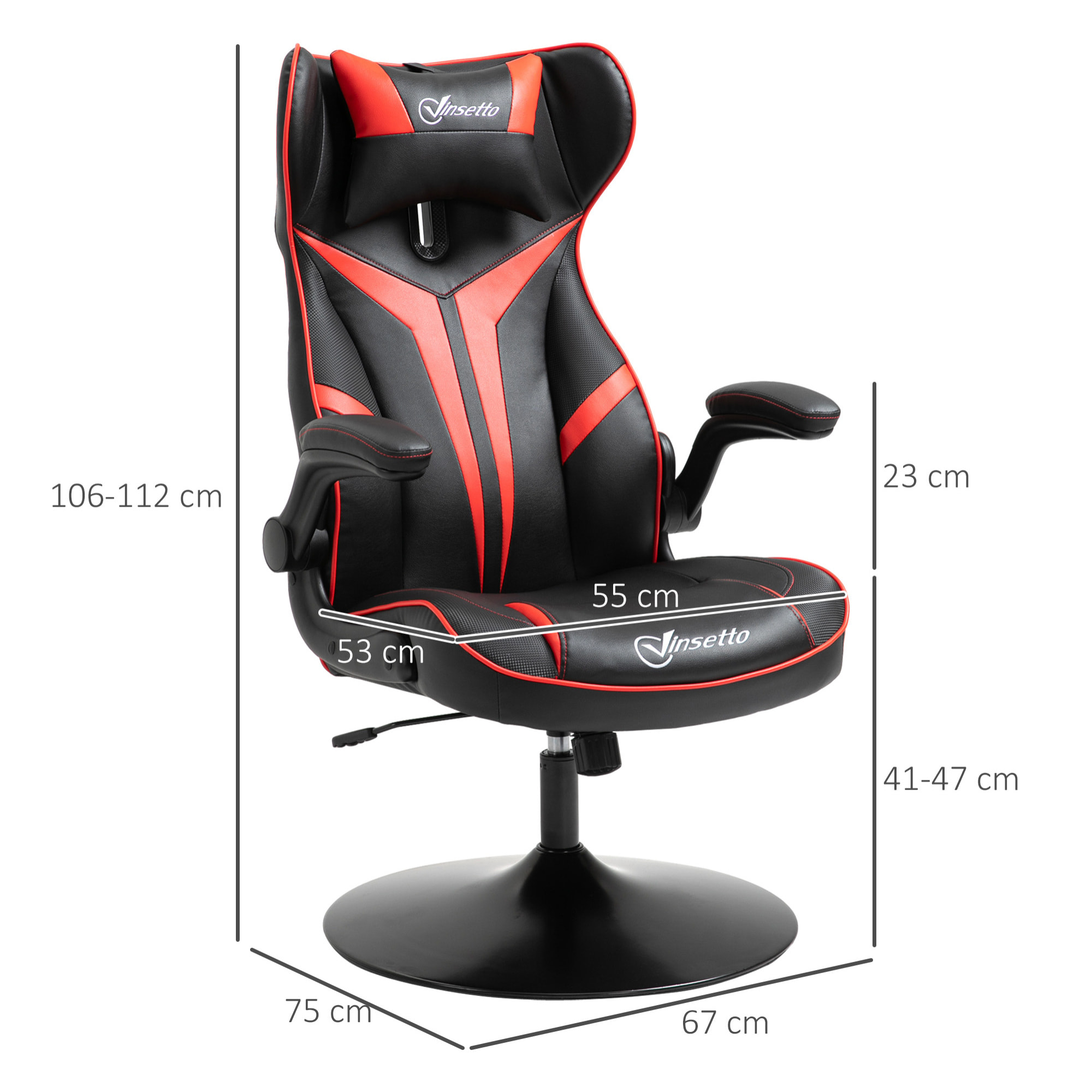 Fauteuil gaming base ronde métal pivotante 360° hauteur réglable tétière accoudoirs relevables PVC rouge noir