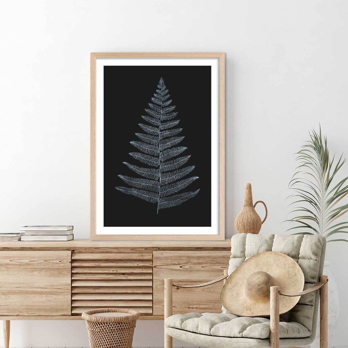 Poster fougère royale blanche Affiche + cadre en bois - Chêne