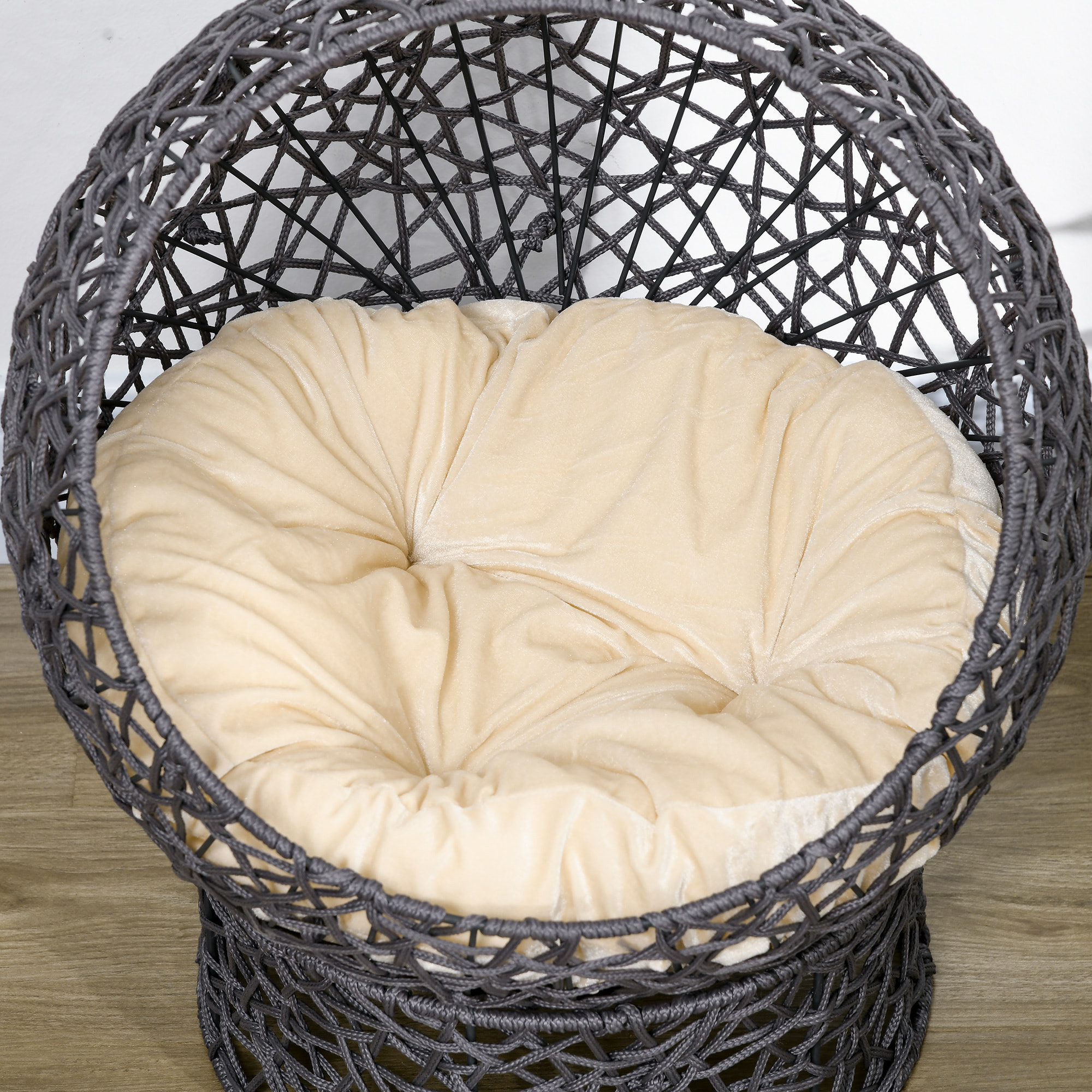 Panier tressé chat gris apia lit chat cosy grand confort dia. 50 x H.60 cm coussin moelleux beige inclus