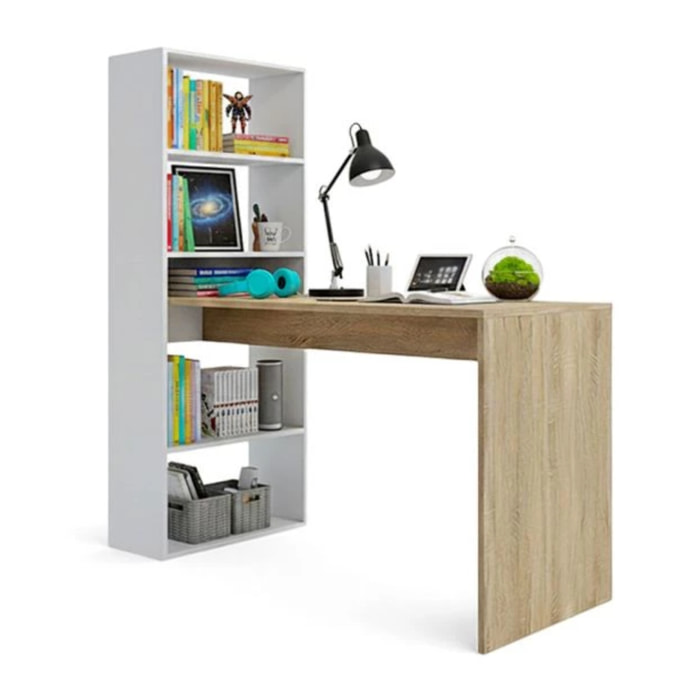 Mesa de escritorio con estantería Cosmic en blanco artik roble canadian 120 x 144 cm Blanco Artik (Blanco Mate) - Roble Canadian