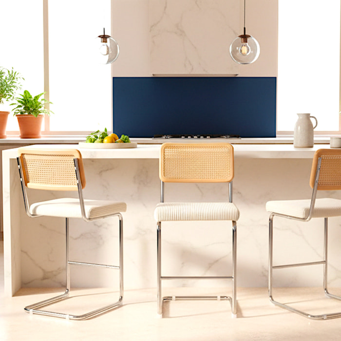 Lot de 2 tabourets de bar en cannage et velours côtelé - MUSE