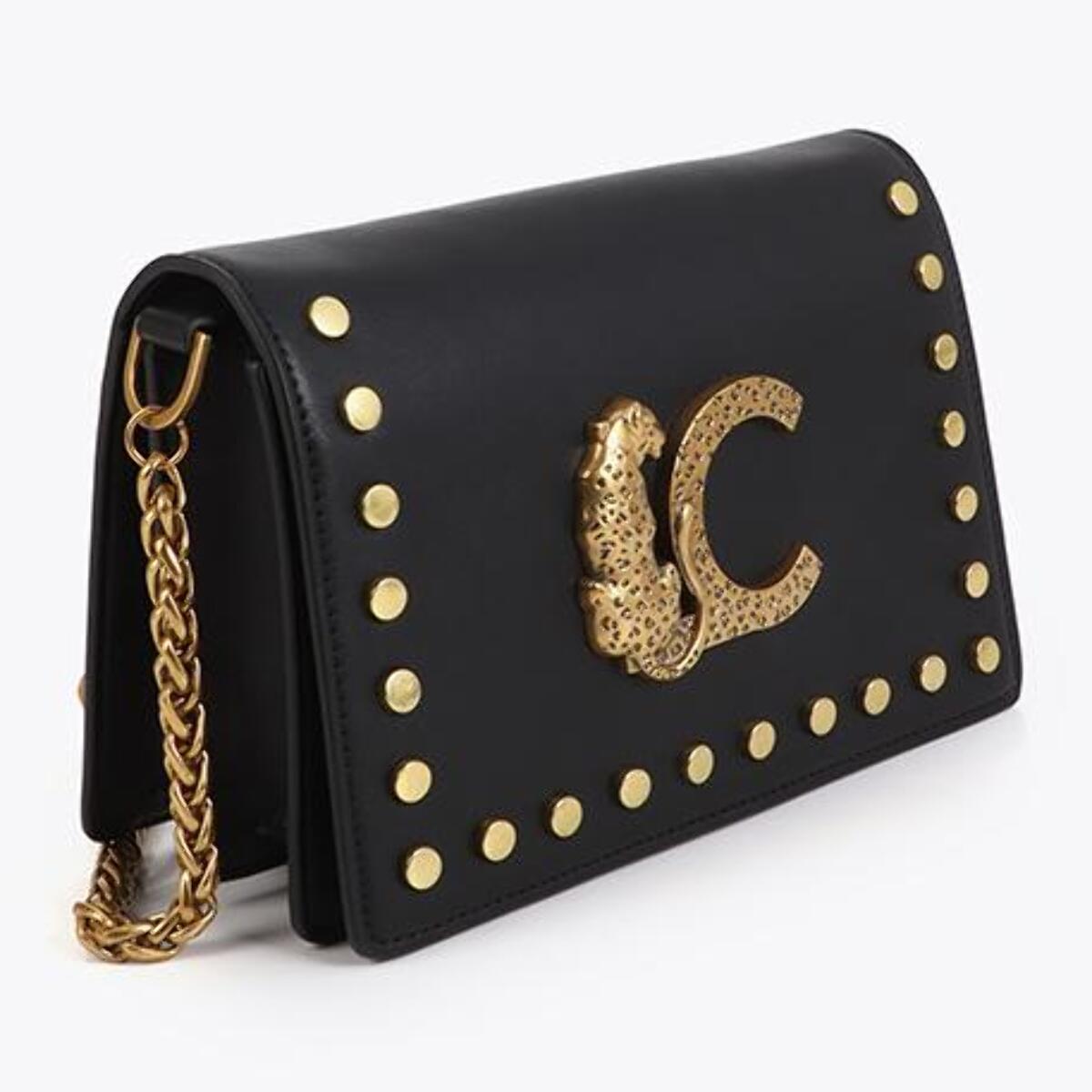 Borsa a tracolla con patta, stampa animalier LC, borchie