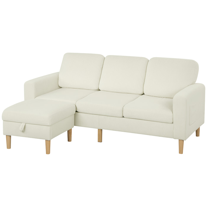 Canapé 3 places velours côtelé style nordique avec repose-pieds coffre coussins déhoussables beige clair