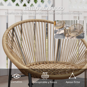 Conjunto de Jardín Exterior de 3 Piezas Juego de 2 Sillas y Mesa de Ratán con Cojines Acolchados y Encimera de Vidrio Templado para Balcón Terraza Natural