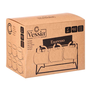 Set de 6 tazas grises para café de porcelana con soporte de metal. 100 ml de capacidad.