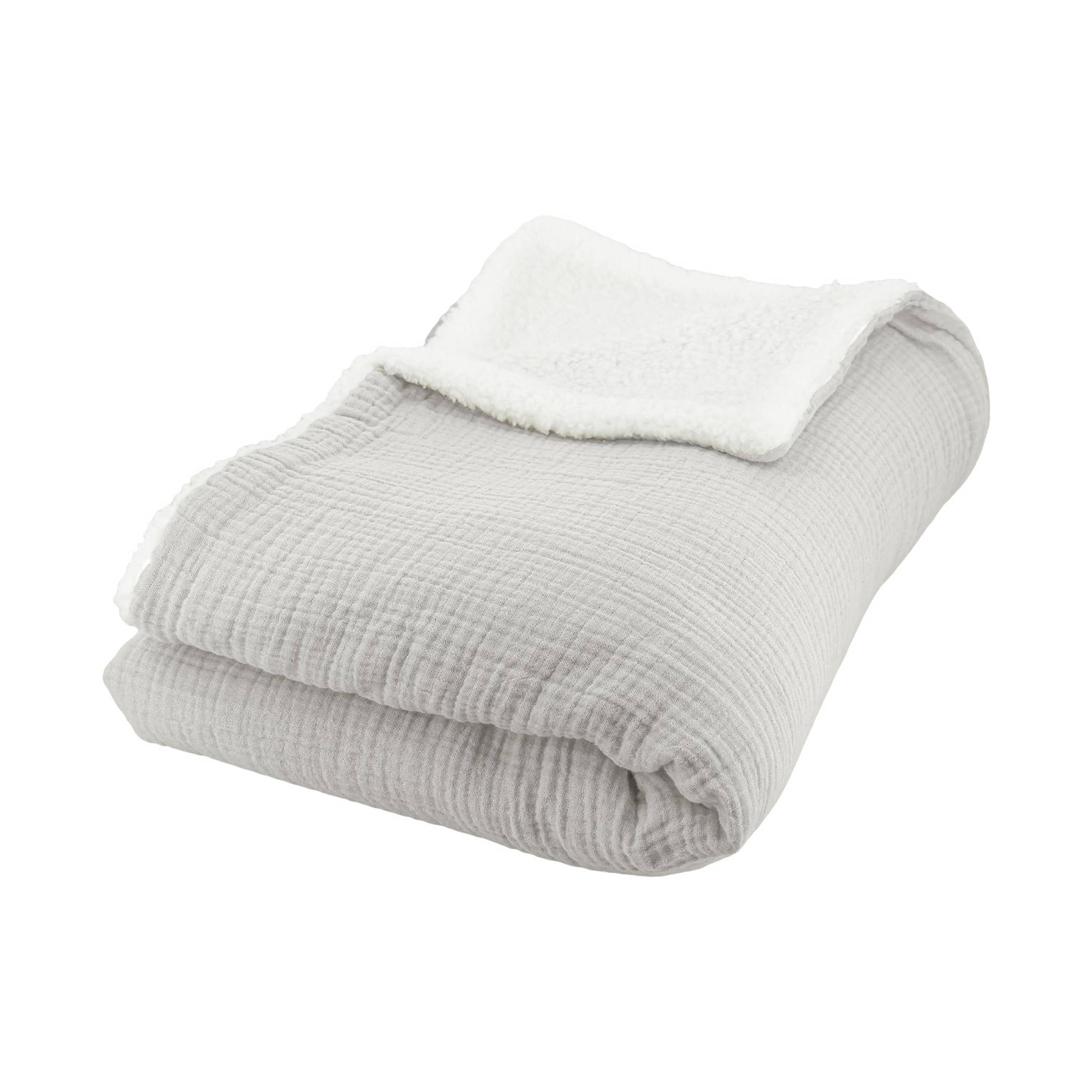 Plaid sherpa et gaze de coton 130 x 170 cm gris. ALIX. bi-matière