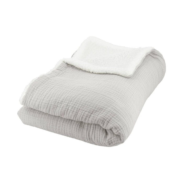 Plaid sherpa et gaze de coton 130 x 170 cm gris. ALIX. bi-matière
