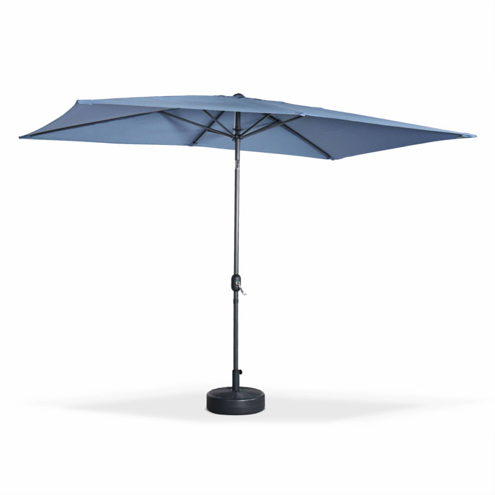 Parasol droit rectangulaire 2x3m - Touquet bleu grisé - mât central en aluminium orientable et manivelle d'ouverture